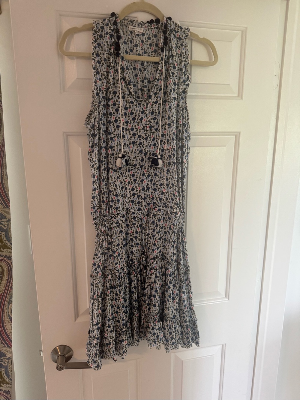 Poupette St. Barth White Sleeveless Mini Dress with Navy & Pink Dot Print